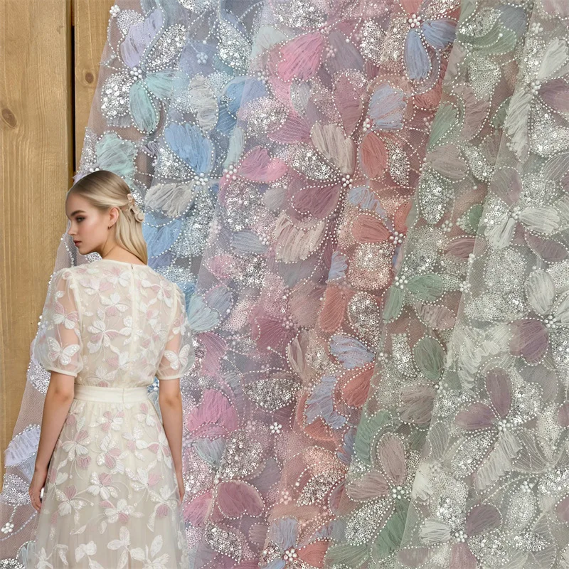 

New Heavy-Duty 3D Beaded Lace Embroidery Fabric for Bridal Wedding Formal Dress Stage Costumes DIY Sewing Cloth