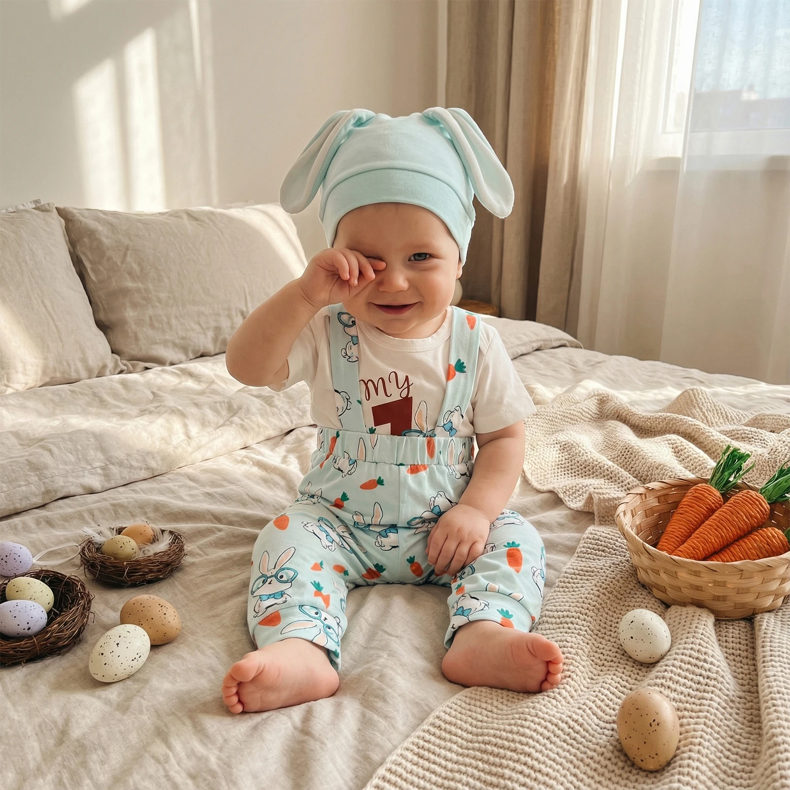 

Newborn Baby Boy 1st Easter Outfits Adorable Letter Truck Print Short Sleeve O-Neck Romper and Overalls Hat 3Pcs Set