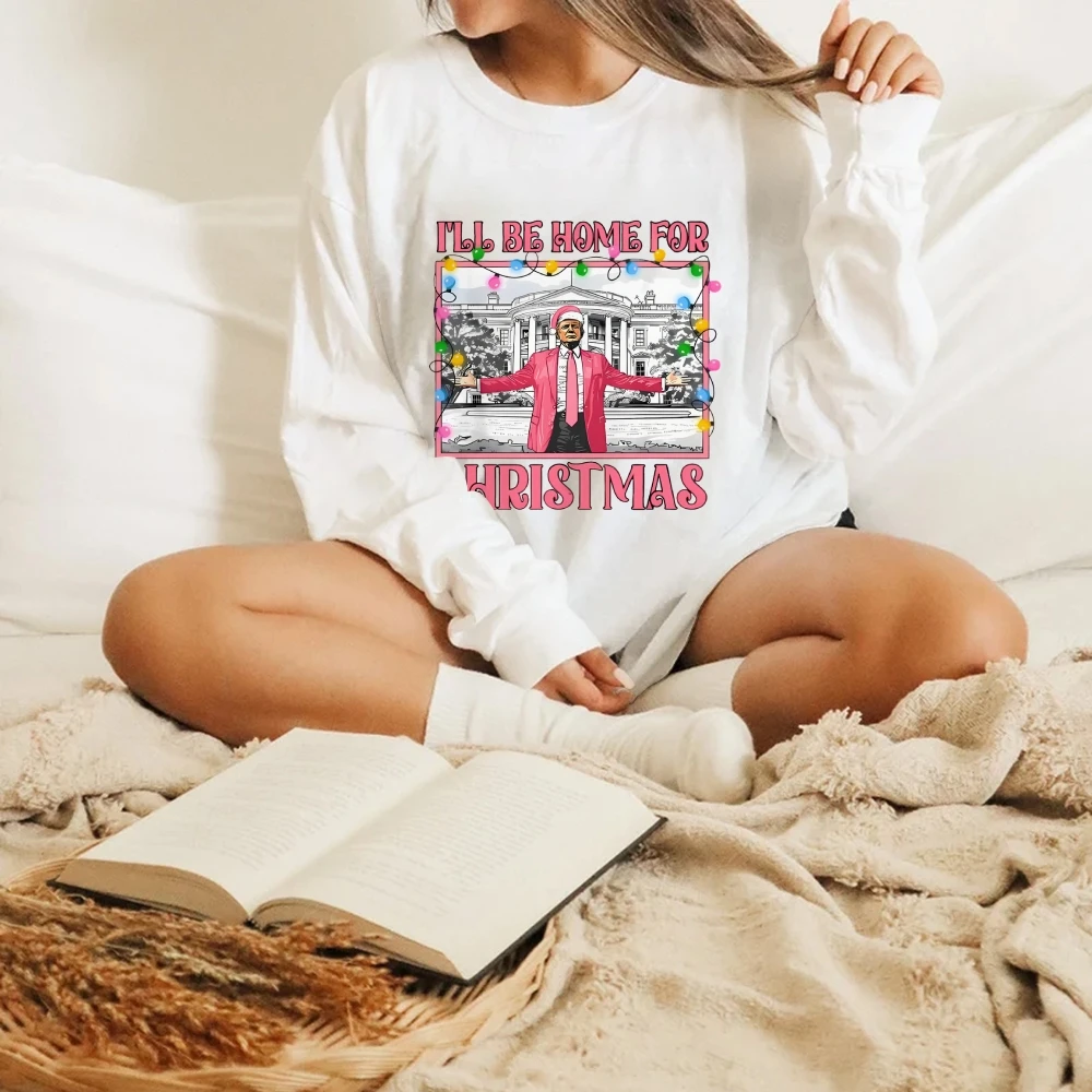 I'll be Home Top damski Trump Character Print Christmas Style Unisex Bluza z kapturem Bluza codzienna Modny długi rękaw