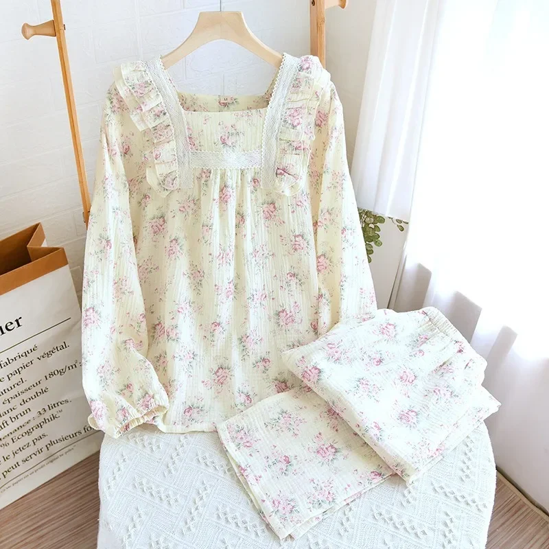 Spring Autumn Women\'s Nightgown Long Sleeve Pajamas Set Lovely Fresh Lace Floral Printed Home Clothes Loose Cotton Pajamas Set