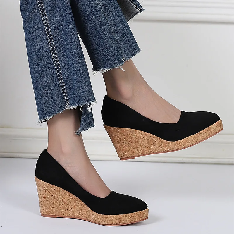 FHC Spring/Autumn Wedges High Heels,Women Platform Pumps,Shallow Out Flock Shoes,Slip On,Pointed toe,Black,Apricot,Dropship