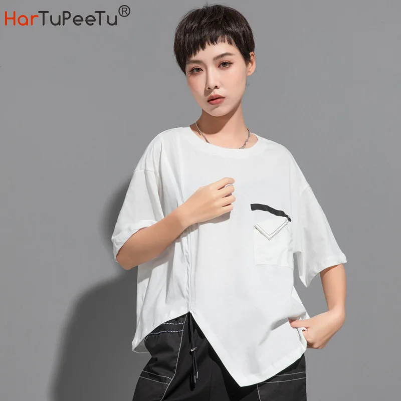 

2022 Short T Shirt Women Summer Black White Tees Cotton Drawstring Design Irregular Loose Casual Tops Streetwear