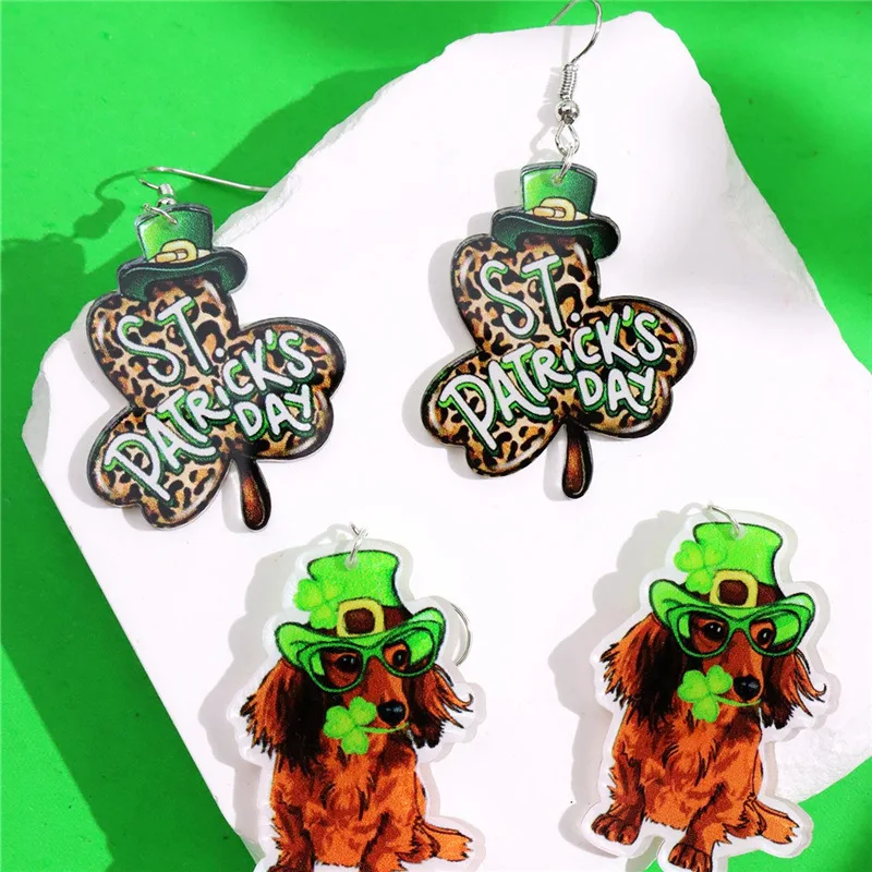 New St Patricks Day Acrylic Earrings for Woman Lucky Carnival Four-leaf Clover Hat Dog Green Earring Fashion Jewelry Gift