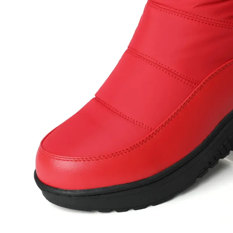 New Forst Winter Snow Boots Women Mid Calf Warm Plush Wedges Shoes Waterproof Down Patchwork PU Buttons Platform Boots