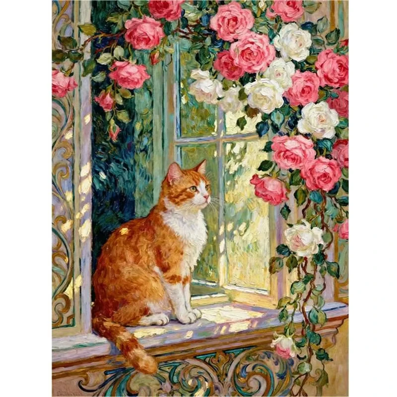 5D-Diamantgemälde zum Selbermachen, orangefarbene Katze neben Rosen auf der Fensterbank, Diamant-Mosaik, Diamant-Stickerei, handgefertigte Kunst, Geschenk, Heimdekoration