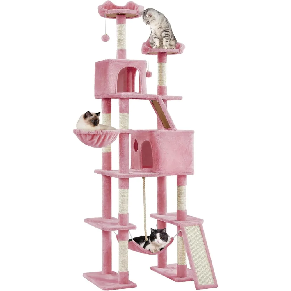 

Кошачье дерево, сверхвысокая башня 82,5 дюйма с милыми верхними жердинами, когтеточками, рампами 2-в-1, уютная корзина, очень большая кондоминирование