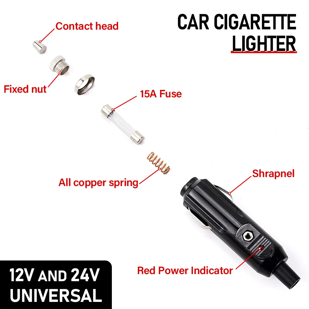 

15A Car Cigarette Charger Lighter Plug Fuses 12V To 24V With LED Indicator Plug Power Adapter Connector Fuse Converter Plug