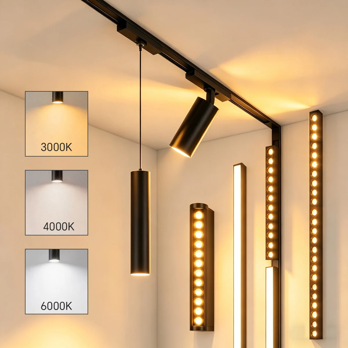 CCT 3-Farben Dimmbares Magnetisches LED-Schienensystem in Schwarz, Aufputz-/Einbau-Moderne Flutlicht-Gitterstrahler für Wand- und Deckenbeleuchtung