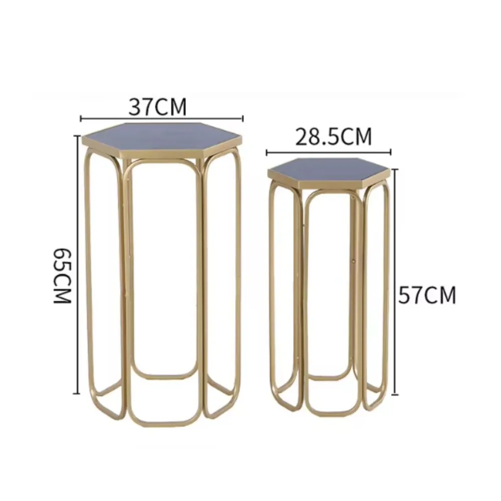 

Hexagonal plant stand, glass top, gold metal side table