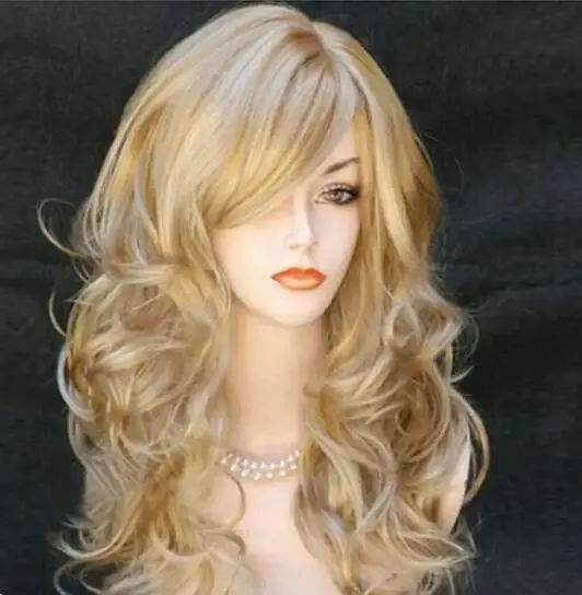 

Ladies Golden Long Curly Wig Transparent Lace Front Human Hair Fashion Blonde Party Costume for Women Heat Fiber Wigs