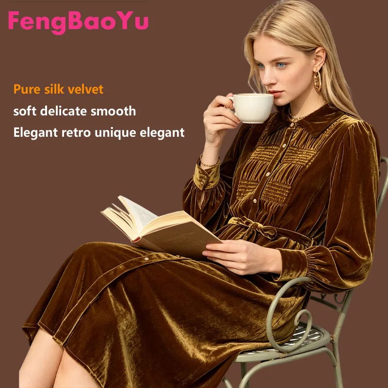

Элегантное и стильное женское платье Fengbaoyu из 100% шелкового бархата с длинными рукавами и воротником, для делового и повседневного образа