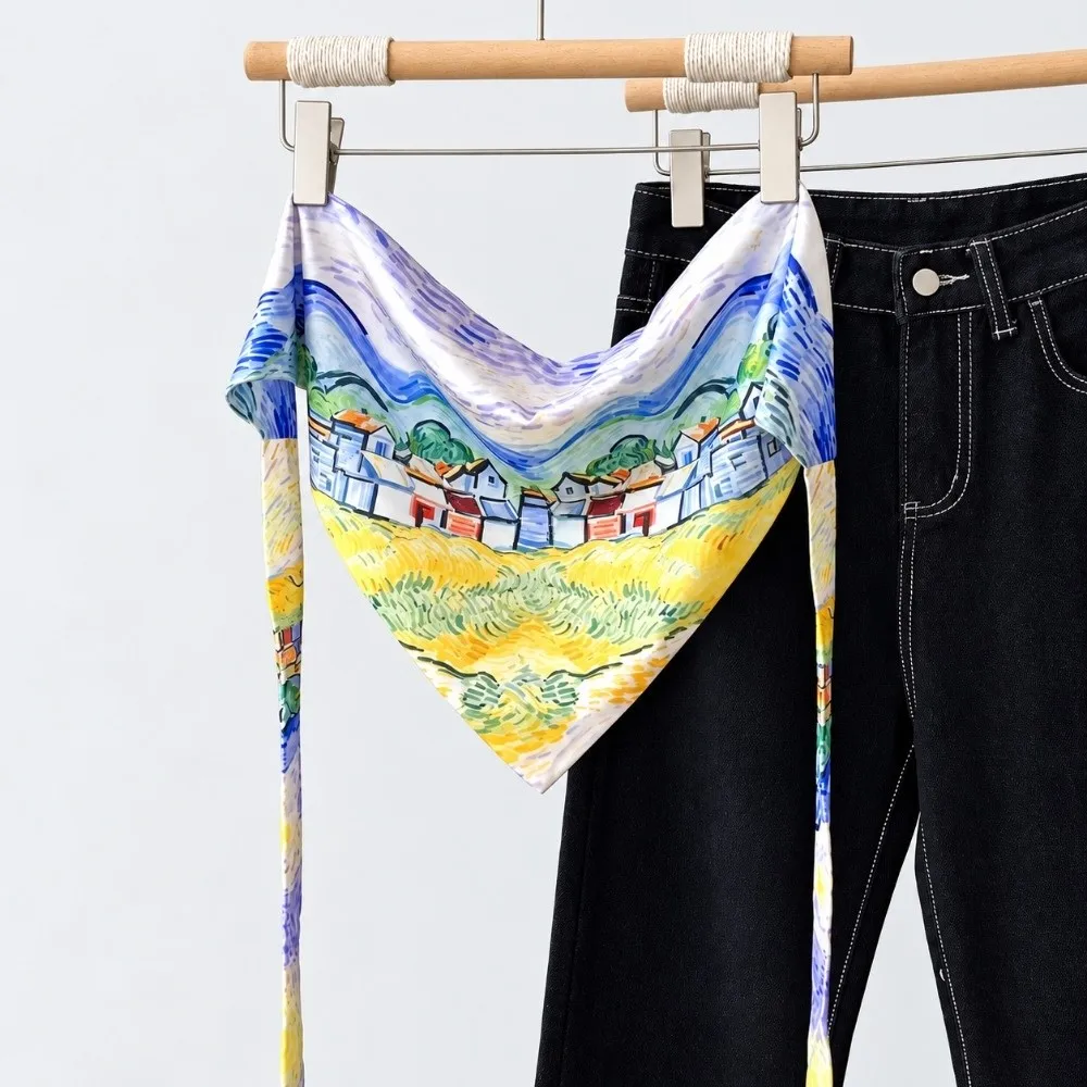 Landscape Print Irregular Scarf Belt Self Tie Bow Satin Decorative Scarf Unisex Multifunctional Waist Sash Scarf For Women
