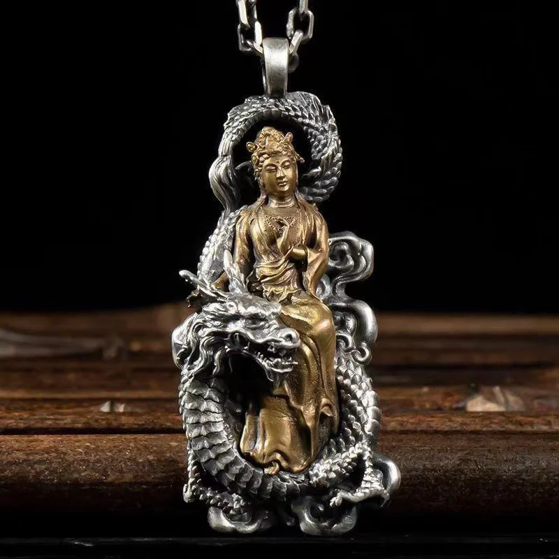 Vintage Relief Python Snake Dragon Pendant Necklace For Men Jewelry Blessing Golden Avalokitesvara Buddha Necklace Male Amulet