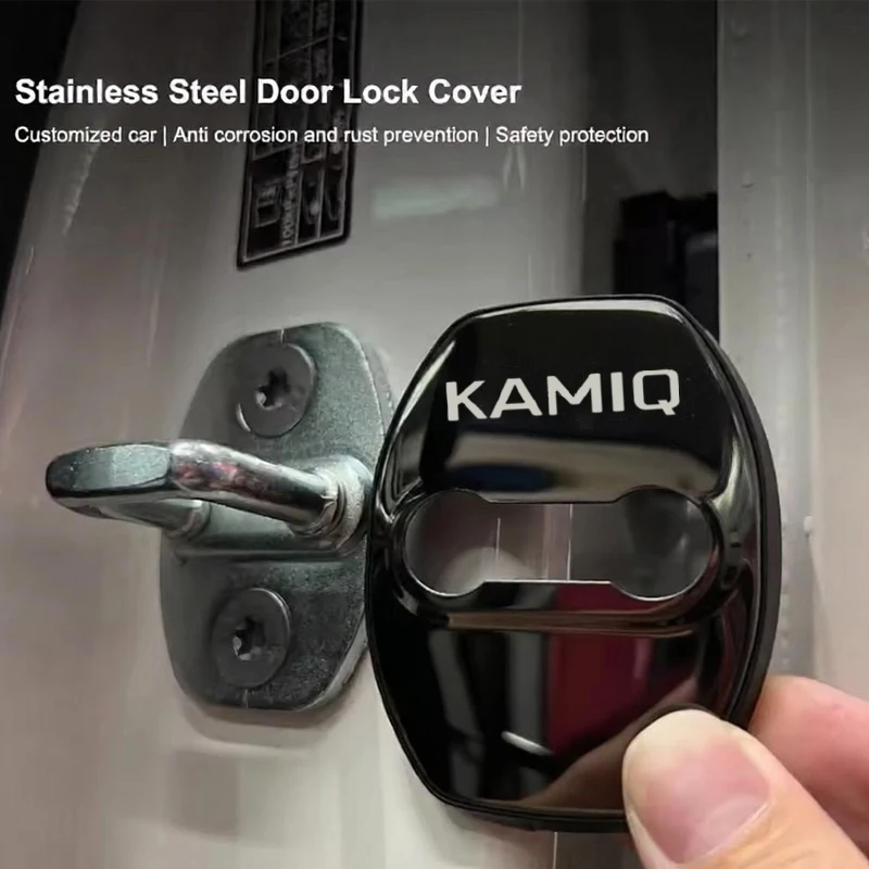 4PCS Stainless Steel Car Door Lock Covers Stikcer for Skoda KAMIQ Logo Anti-rust Waterproof Door Lock Styling Accessories view 2