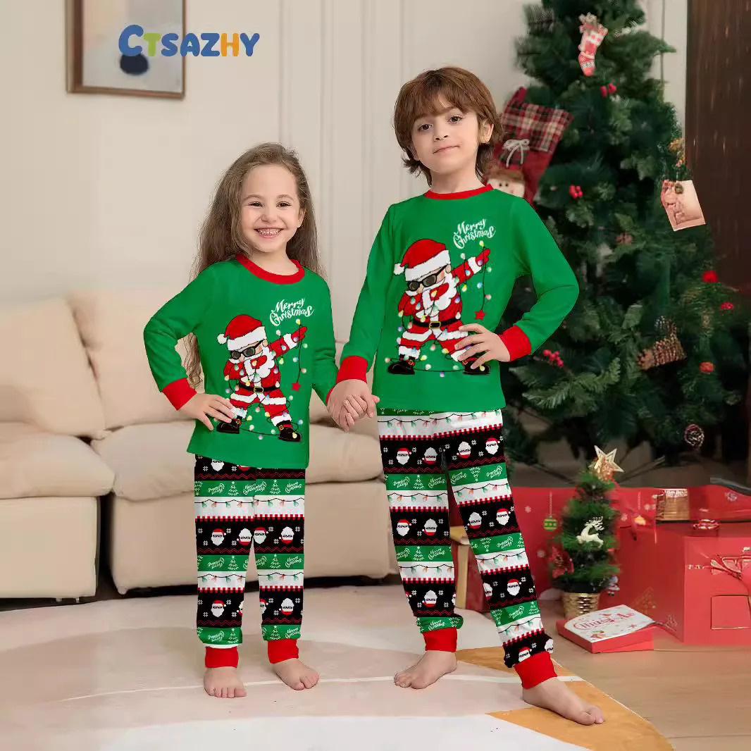 Santa Print Mother Daughter Father Son Matching Outfits Christmas Pajamas Set Casual Soft Green Lounge-Wear Xmas Family Look