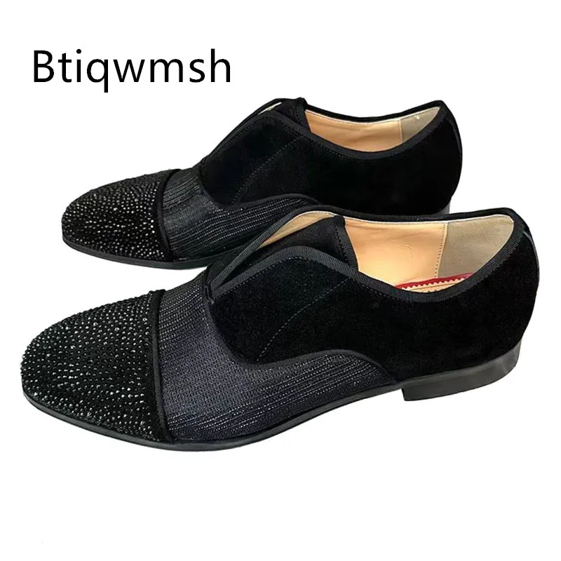 

Handmade Rhinestone Dress Shoes Man Pointed Toe Black Velvet Slip On Flats Male Fashion Wedding Shoes