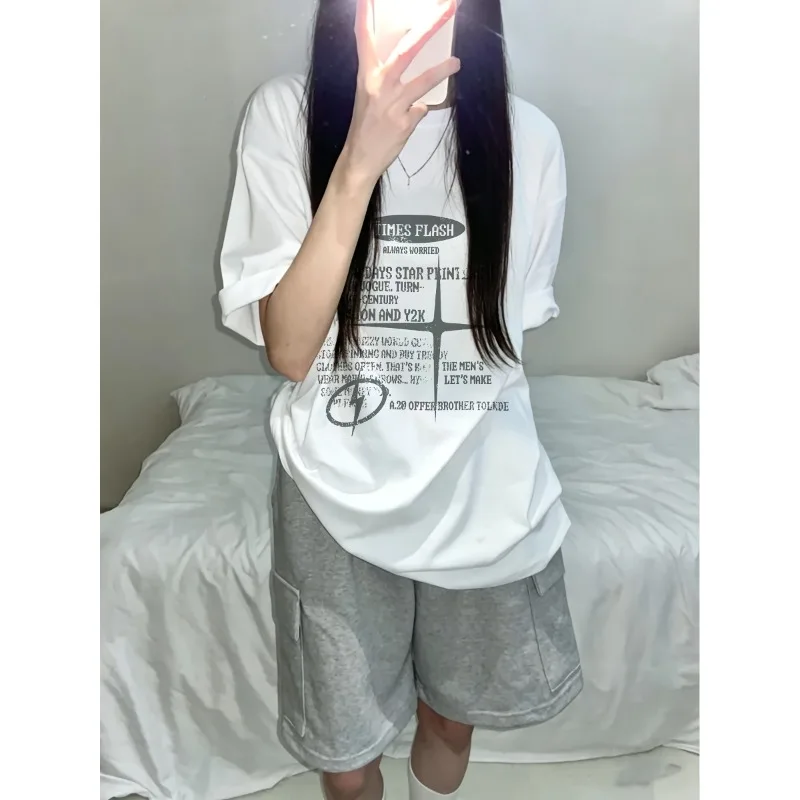 Women'S Loose-Fitting Casual Short-Sleeve T-Shirt, with A Cross Lightning Letter Print Design,  in Y2K Style