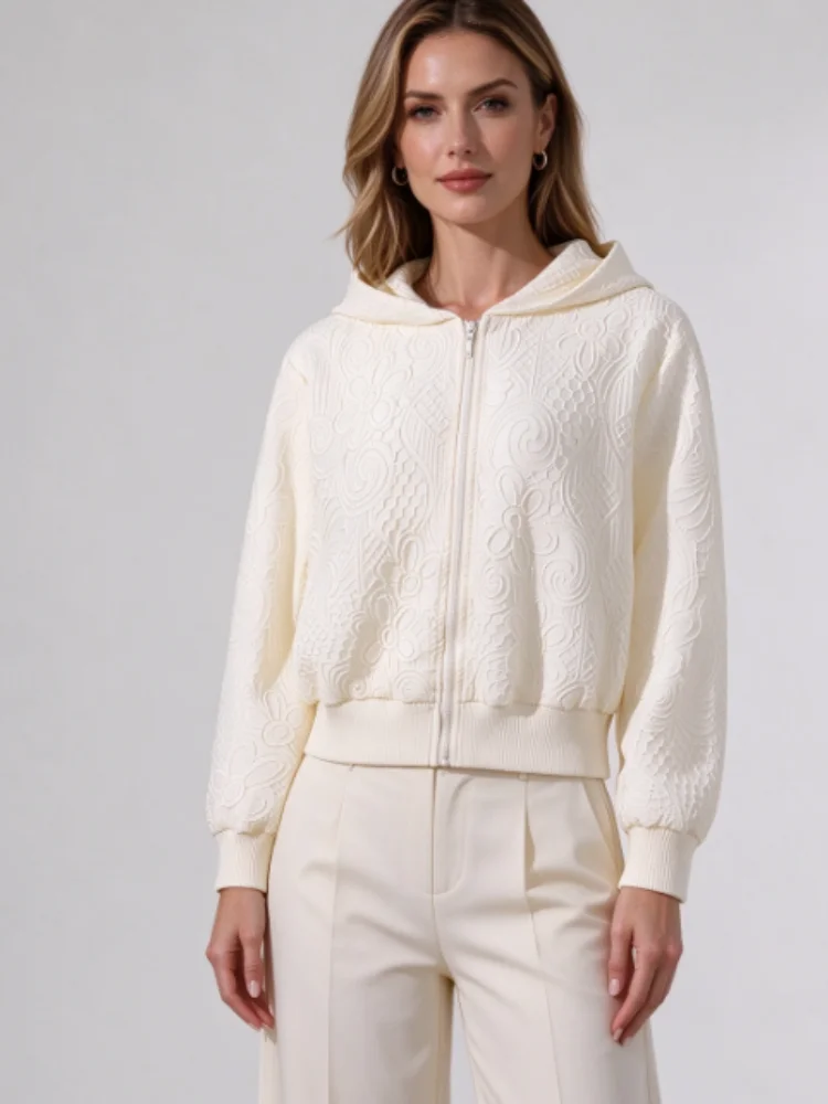 Miyake Women Cream Embossed Floral Hooded Zip Jacket, Long Sleeve Casual Coat, Textured Loose Outerwear