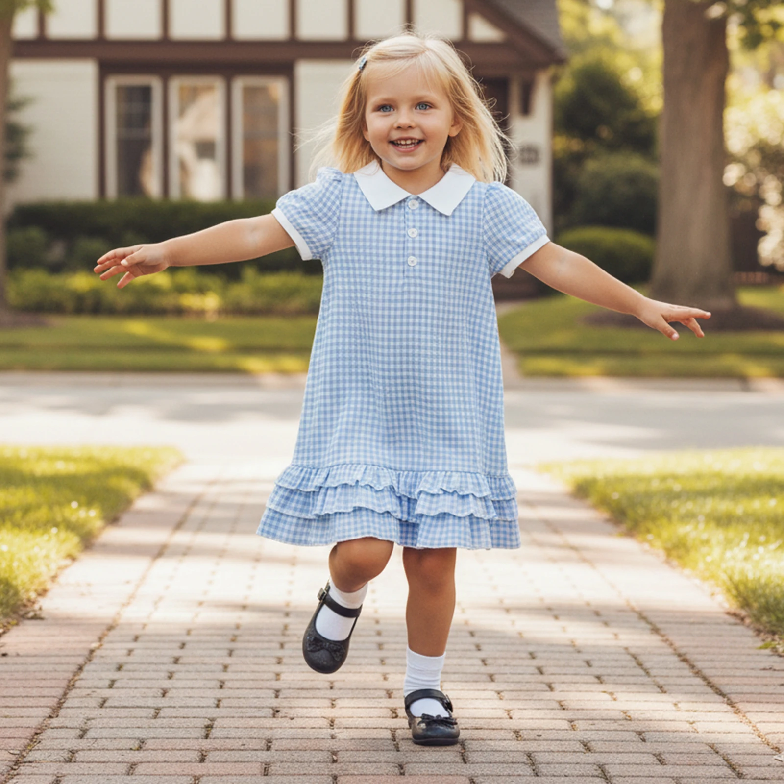 1-5Y Toddler Little Girl Gingham Dress Half Button-up Collared Short Sleeve Layered Ruffle Dresses