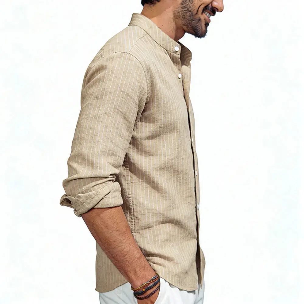 Mens Stand Collar Linen Shirt Long Sleeve Vertical Striped Loose Fit Casual Button Up Breathable Spring Summer Apparel