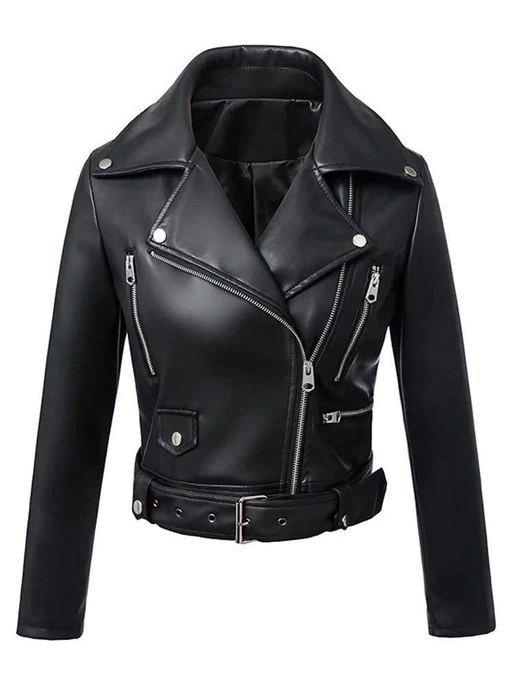 Ailegogo Wiosna Jesień Kobiety Moto Biker Czarny Pu Fuax Skórzana kurtka Streetwear Damski pasek Zamek błyskawiczny Slim Fit Krótki płaszcz Odzież wierzchnia