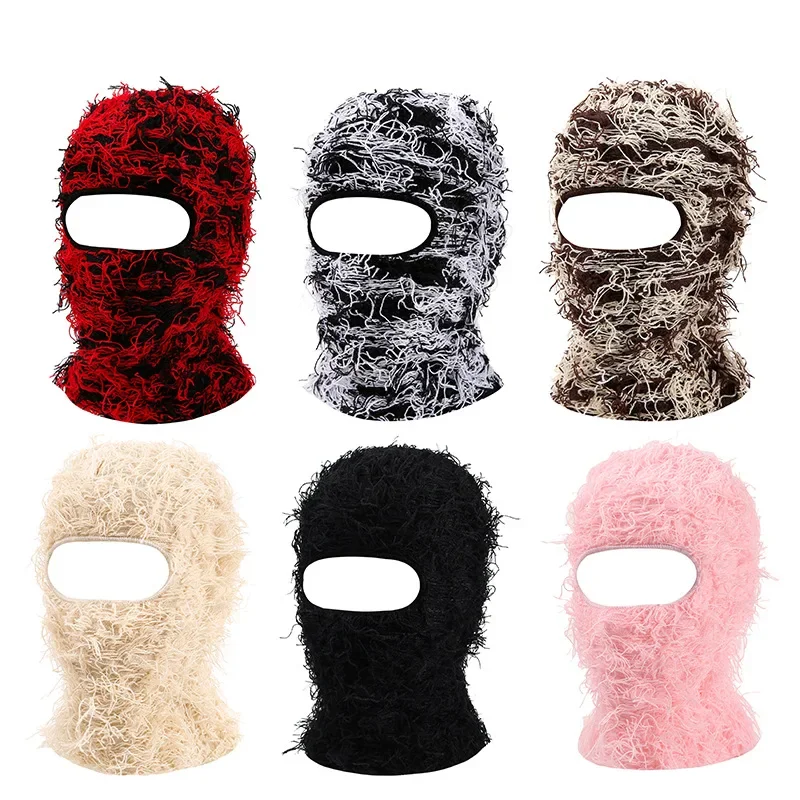 2024 New Hip Hop Balaclava Distressed berretti lavorati a maglia Full Face maschera da sci donna Outdoor Camouflage Fuzzy Ski Balaclava berretti cappello