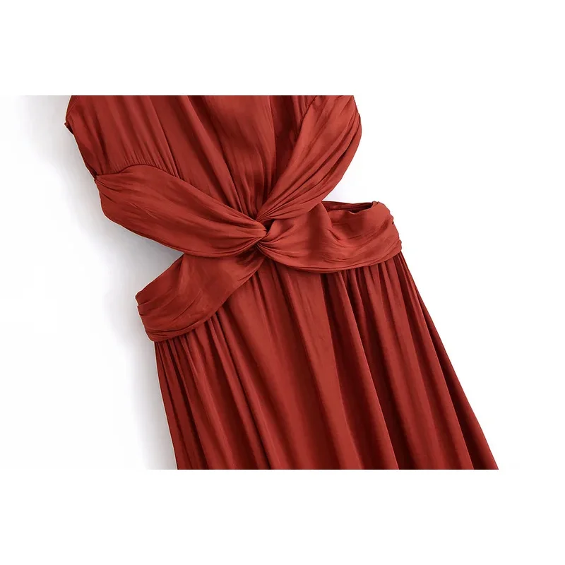 Women's Summer Fashion High-End round Neck Sleeveless Silk Textured Mid-Length Dress Versatile Simple Party Dress