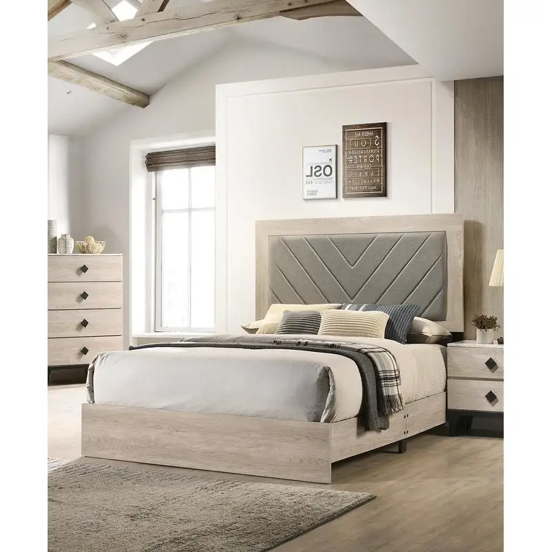 Contemporary Cream Queen Bed Frame with Gray V-Design Headboard, Rubberwood Construction, Stylish Furniture for Modern Bedrooms