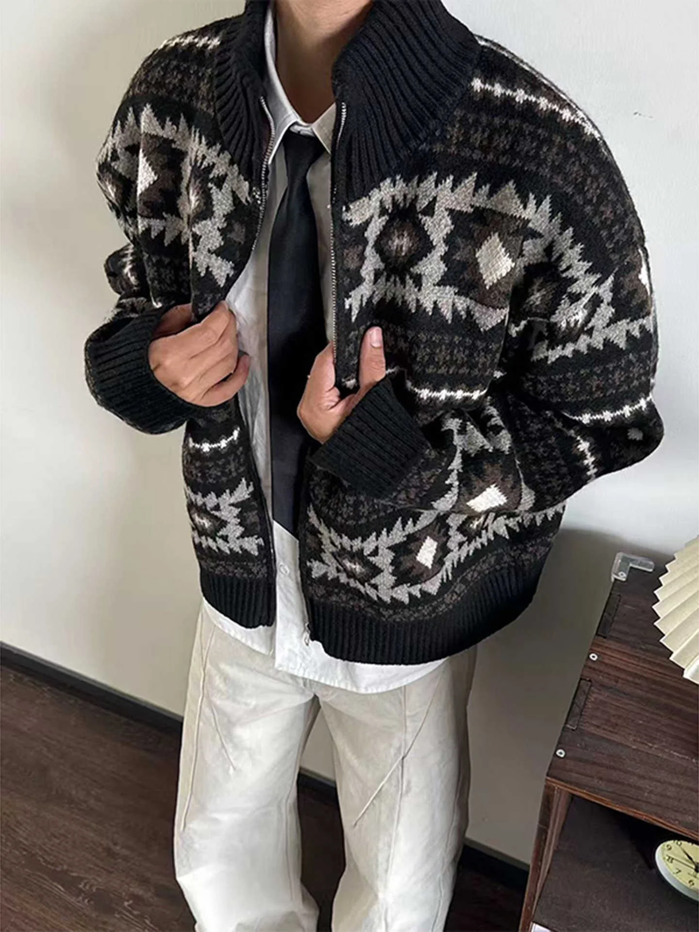 

Мужской зимний кардиган на молнии в стиле ретро с узором Fair Isle, теплый, утолщенный, вязаный, повседневный, класса люкс