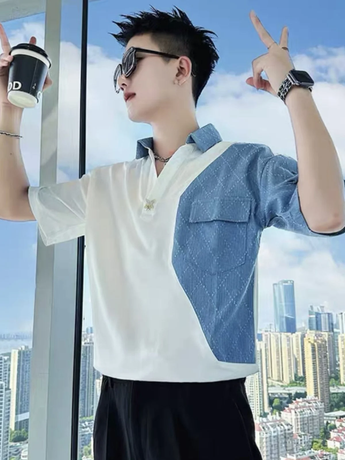 

ort Sve irt Мужская модная брендовая тонкая джинсовая лоскутная летняя модная брендовая футболка с v-образным вырезом из ледяного шелка, подходит для городского сна...