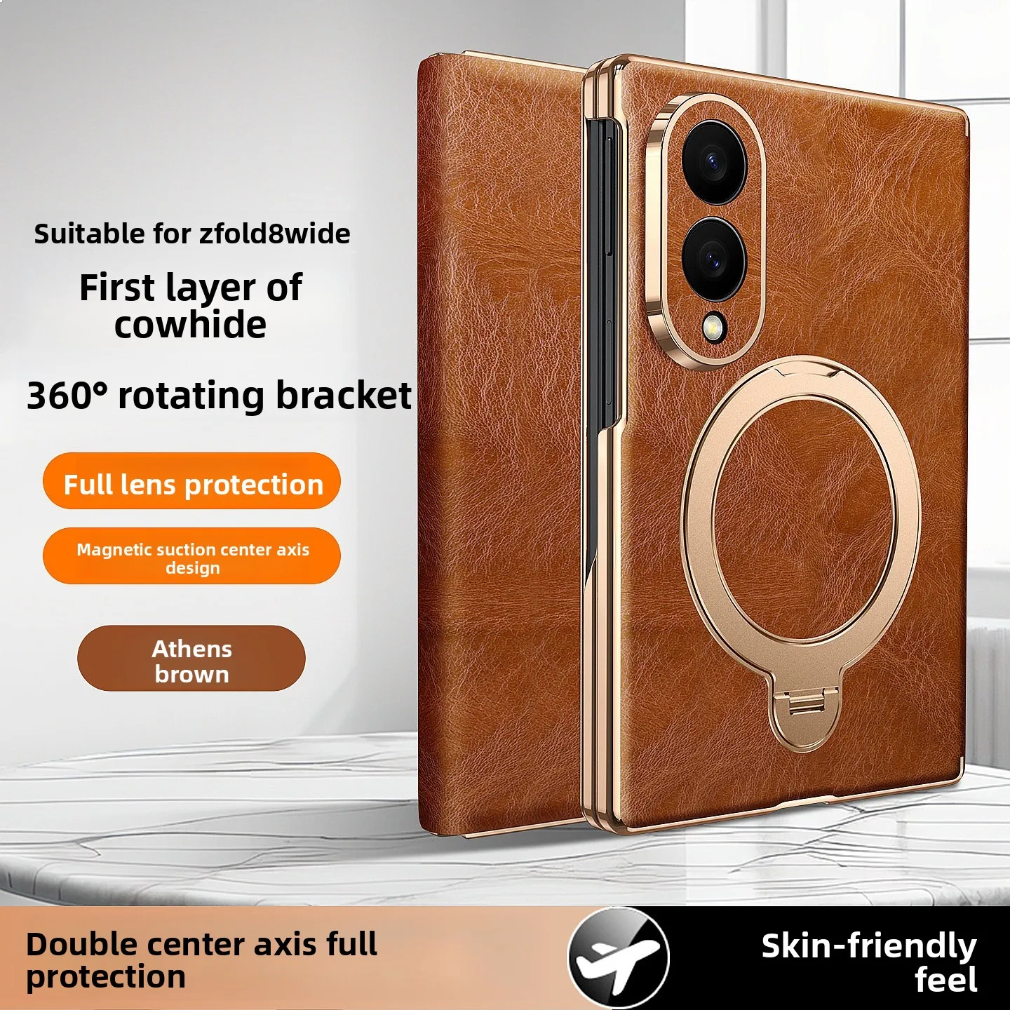 Luxury Magnetic Flip Case for Samsung Z Fold8/Fold7/W26, Gold Edge Wax Leather Wallet Stand Protective Cover