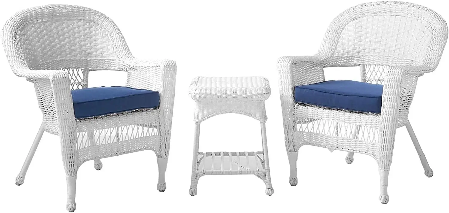 Carell Móveis Wicker Conversa Set, branco com almofadas azuis, 3 pcs