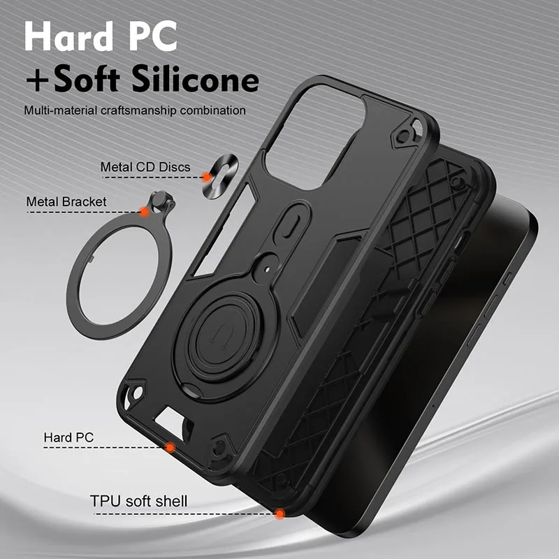 حافظة لهاتف Xiaomi Redmi 14C 13C A3 Note 13 14 Pro Plus 4G Turbo3 5G، لـ MagSafe Ring 360 Rotate Kickstand غطاء مقاوم للصدمات