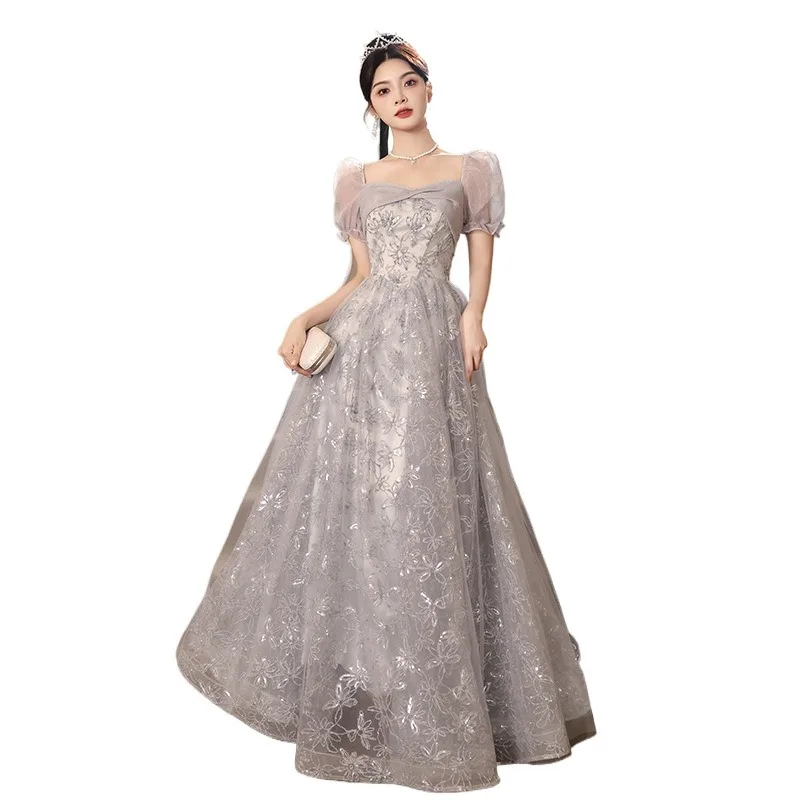 Robe de soirée longue en maille pour femmes, broderie à reflets, pour Banquet, à la mode, amincissante, examen d'art français, nouvelle collection 2026