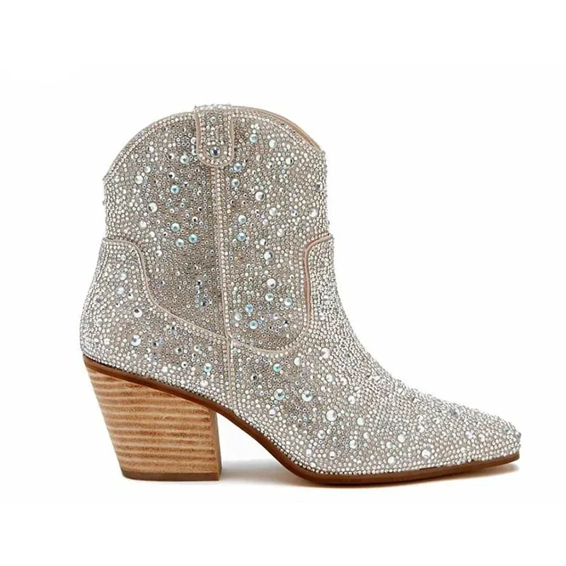 Western Cowboy Boots Fashion Women Ankle Boots Glitter Bling Shiny Trend High Heels High Quality Shoes Botas De Mujer 2024