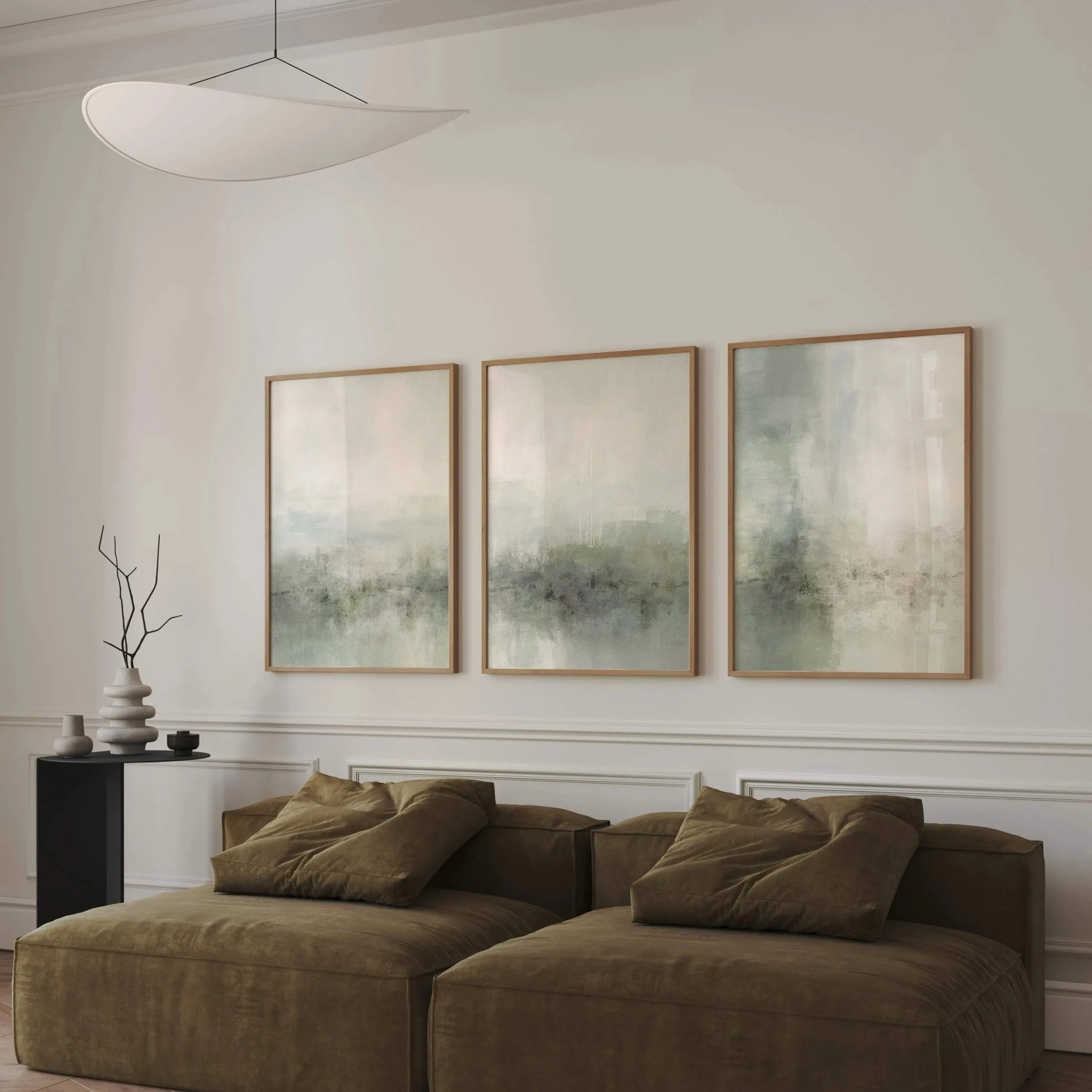Sage Green Landscape Wall Art Triptych: Zen-inspired Abstract Art, Minimalist Painting, Retro Light Green Poster, Home Decor