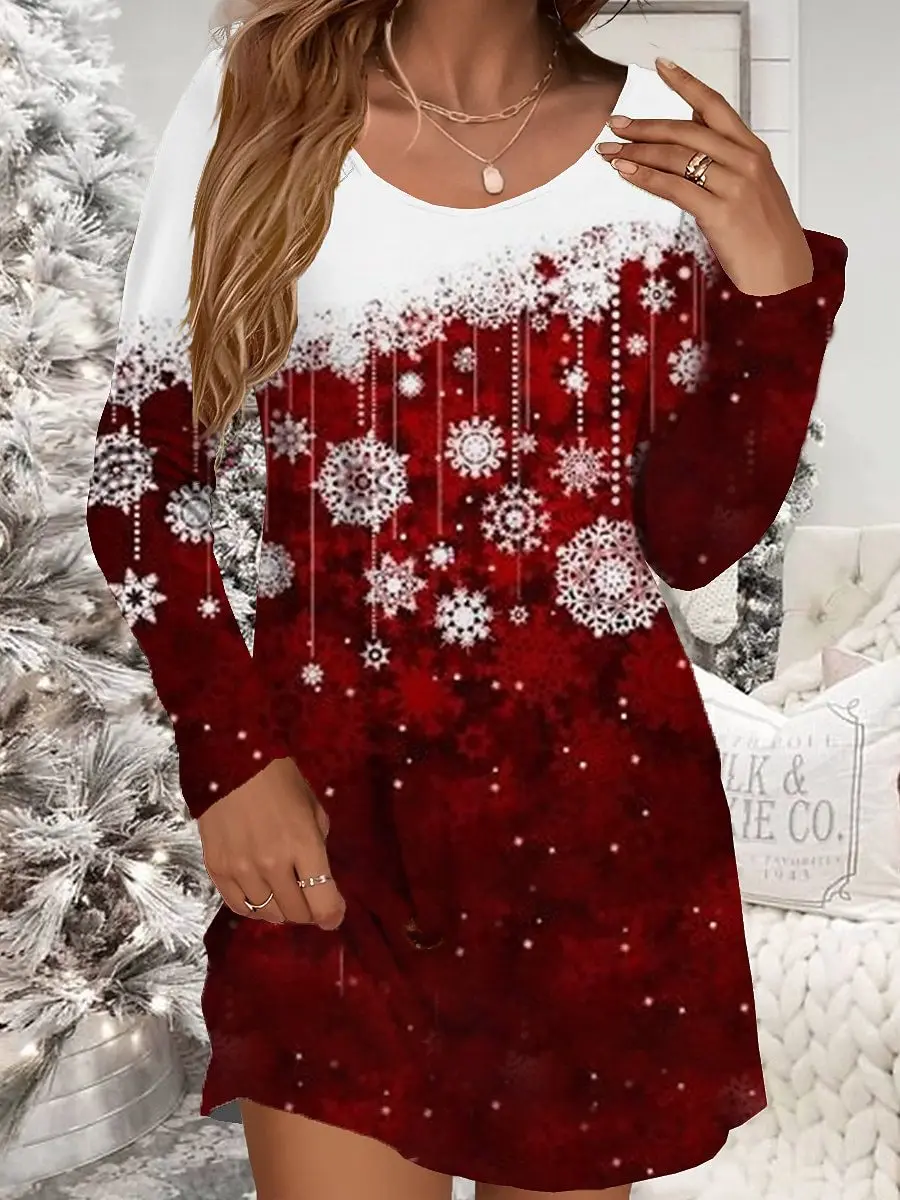 Vestido Rojo de Navidad para mujer, minivestido informal con estampado de copos de nieve, muñeco de nieve, manga larga, cuello redondo, otoño