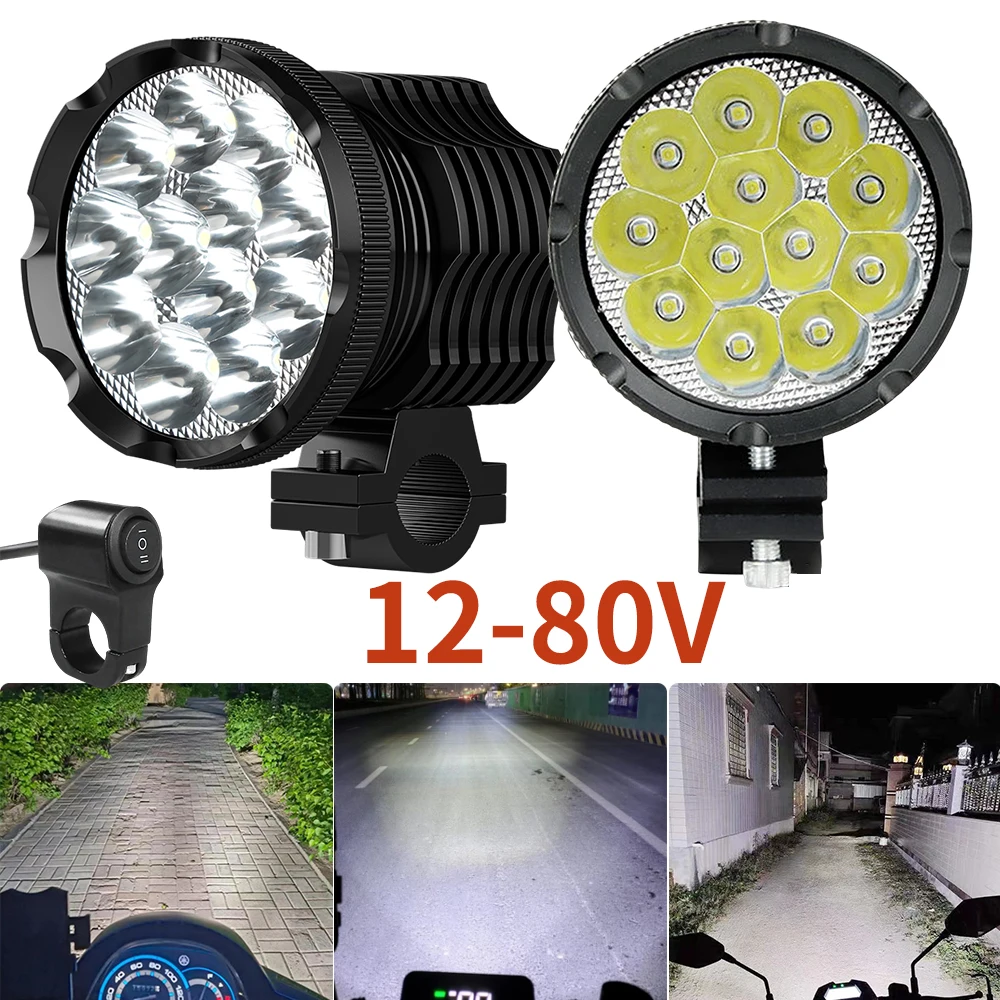 12 LED Headlights For Motorcycle LED Lights Additional Moto Spotlights 12-80V Long Range ATV Bike Auxiliary Motocycle Fog Lights