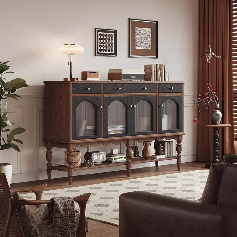 Medieval solid wood dining side against the wall integrated storage wine cabinet French storage large-capacity storage cabinet