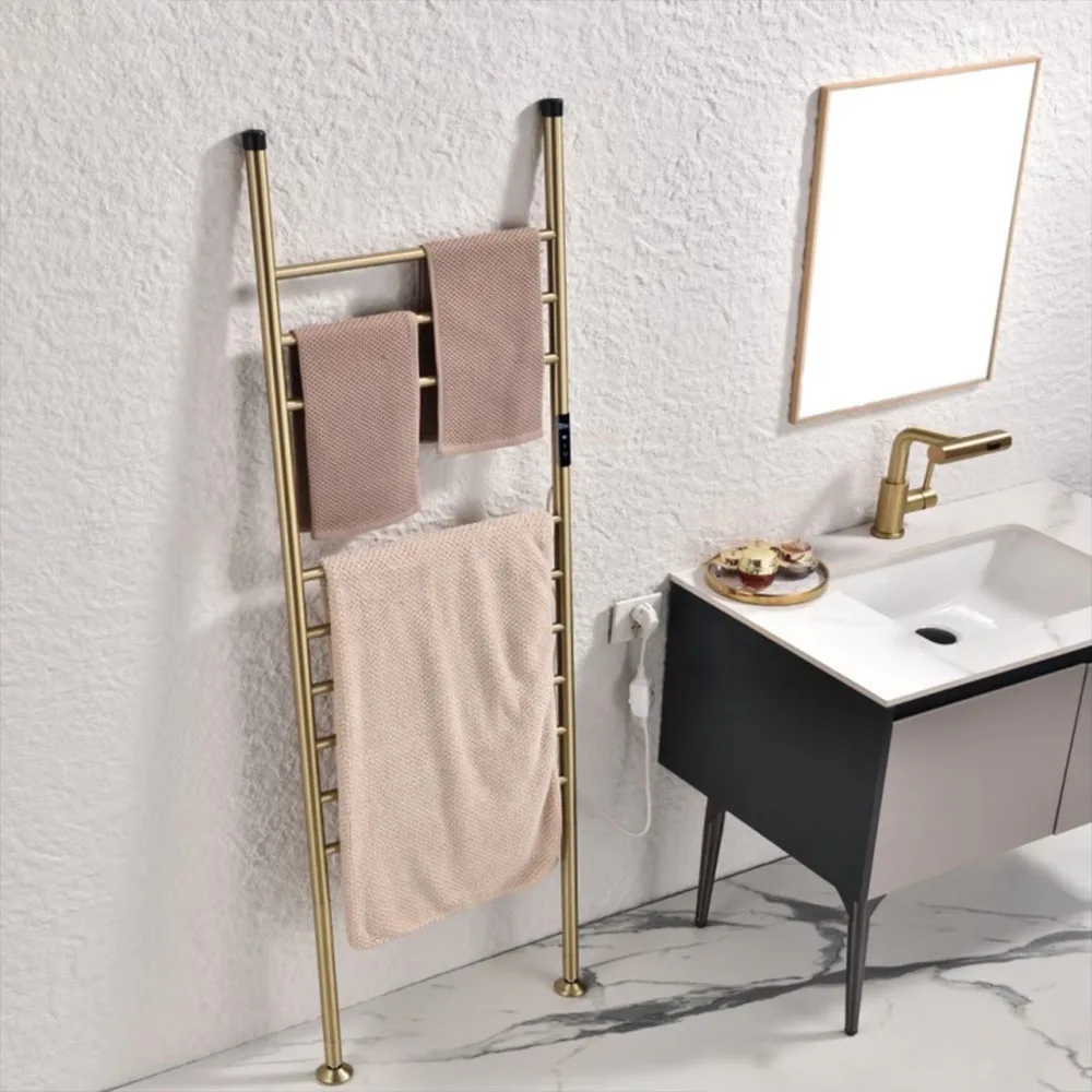 Free Standing Electric Towel Warmer 304 Stainless Steel Brushed Brass Gold with 9 Heated Rails Vertical Heated Towel Rack