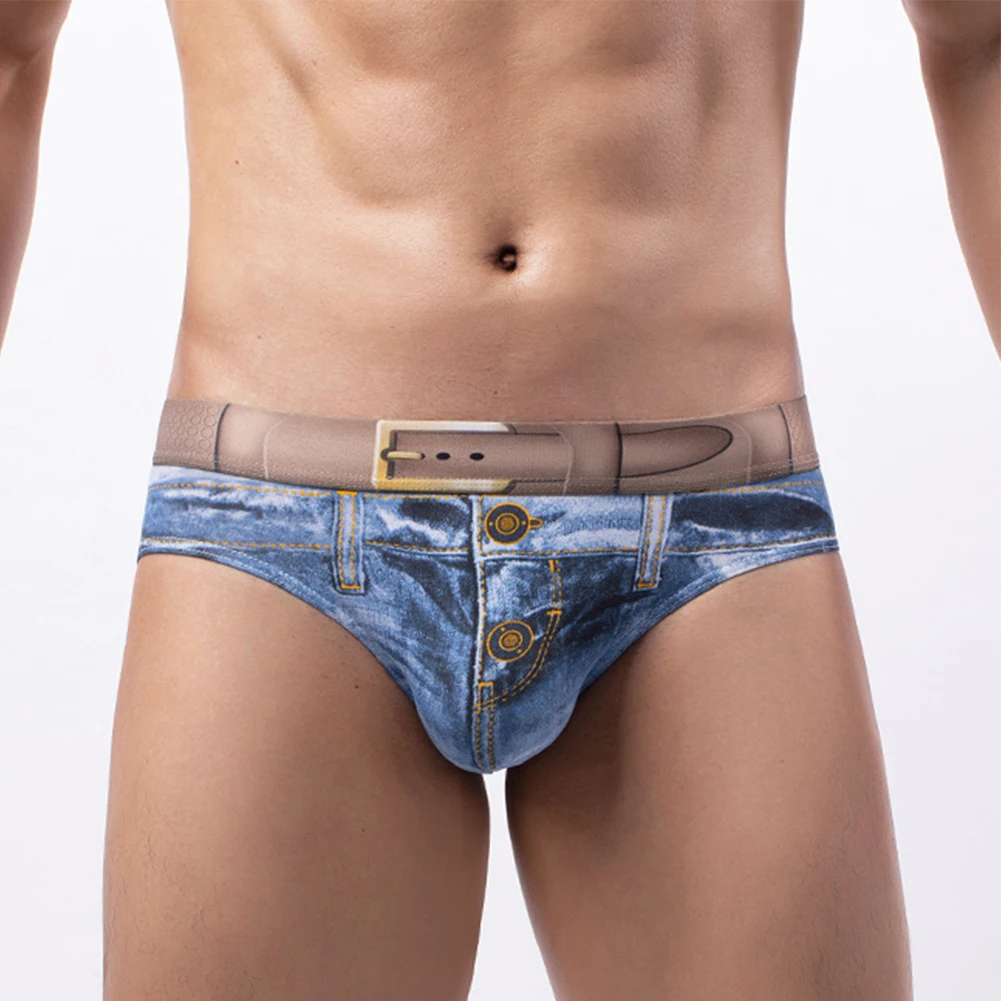 Mens 3D Print Jeans Sexy Underwear Bikinis Briefs Elastic Shorts Trunks Thong U Convex Big Scrotum Pouch Underpants Erotic Pants