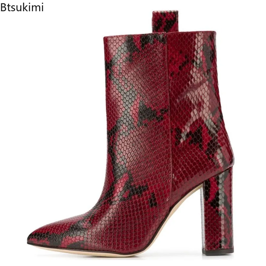 Sexy Snakeskin Leather Woman Ankle Boots Fashion Poined Toe Coarse Heeled Lady Short Boots Female Large Size Banquet Party Shoes