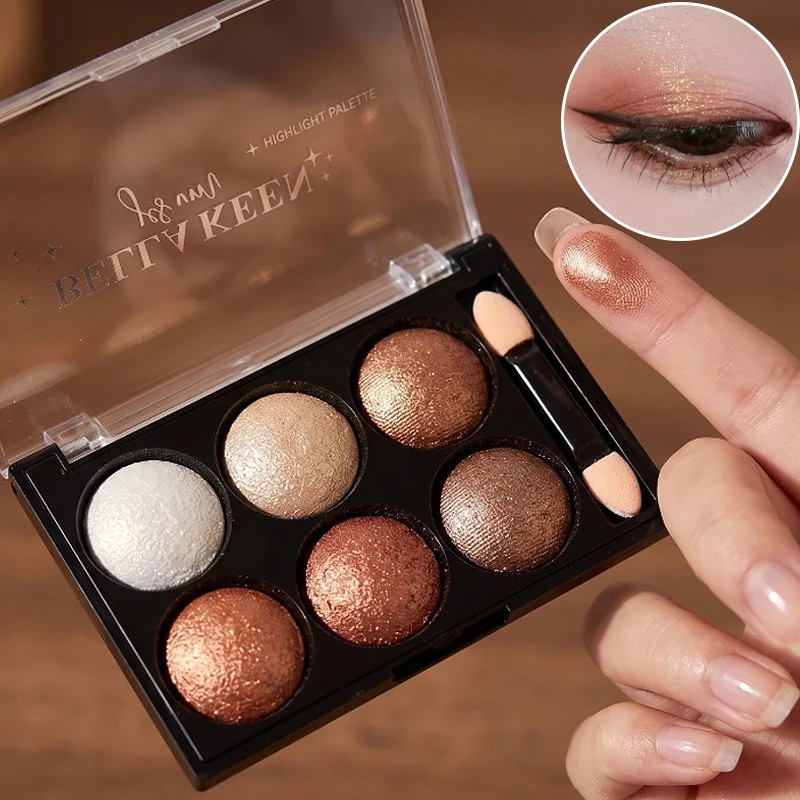 6-Color Glitter Eyeshadow Palette Pearlescent Fine Shimmer Rose Gold Champagne Long-Lasting Eyeshadow Powder with Brush Portable