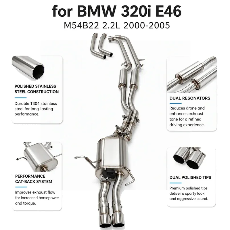 SS304 Valved Cat-Back Exhaust for BMW 320i E46 M54B22 2.2L 2000-2005 Dual Exit TIG Welded Bolt on Deep Tone