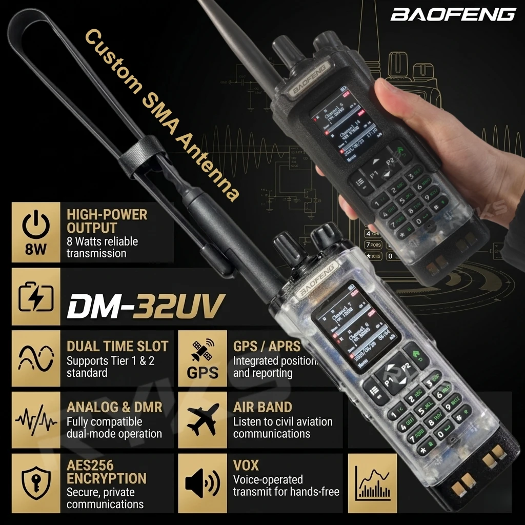 DMR Walkie Talkie BAOFENG DM-32UV 10W Dual Band Two Way Radio GPS Long Range Digital Analog Radio AES256 Encryption Professional