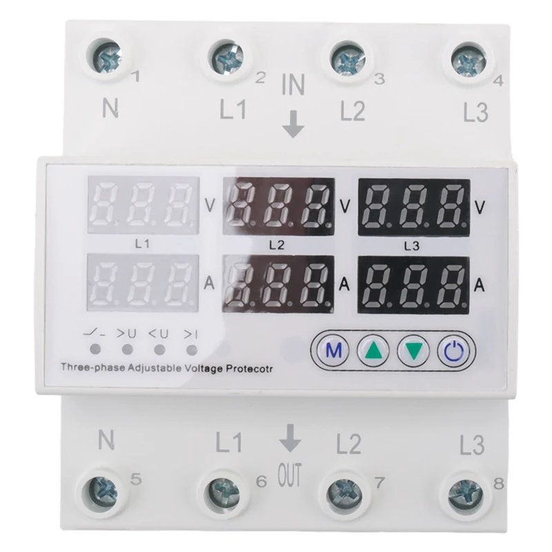 3 Phase Adjustable over and Under Voltage Protector Voltmeter Ammeter Monitor 3P4W Din Rail Current Limit Protection 63A-A50M