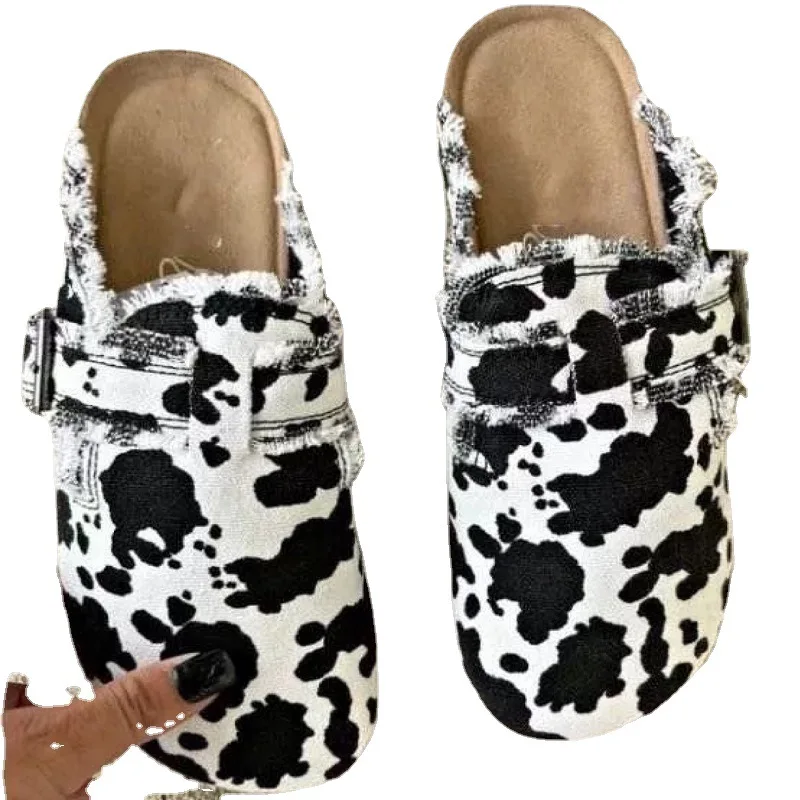 Female Shoes Ladies\' Slippers Loafers Low Big Size 2024 Leopard Slides Rome Fabric PU leopard Hoof Heels Rubber Loafers Shoes Wo