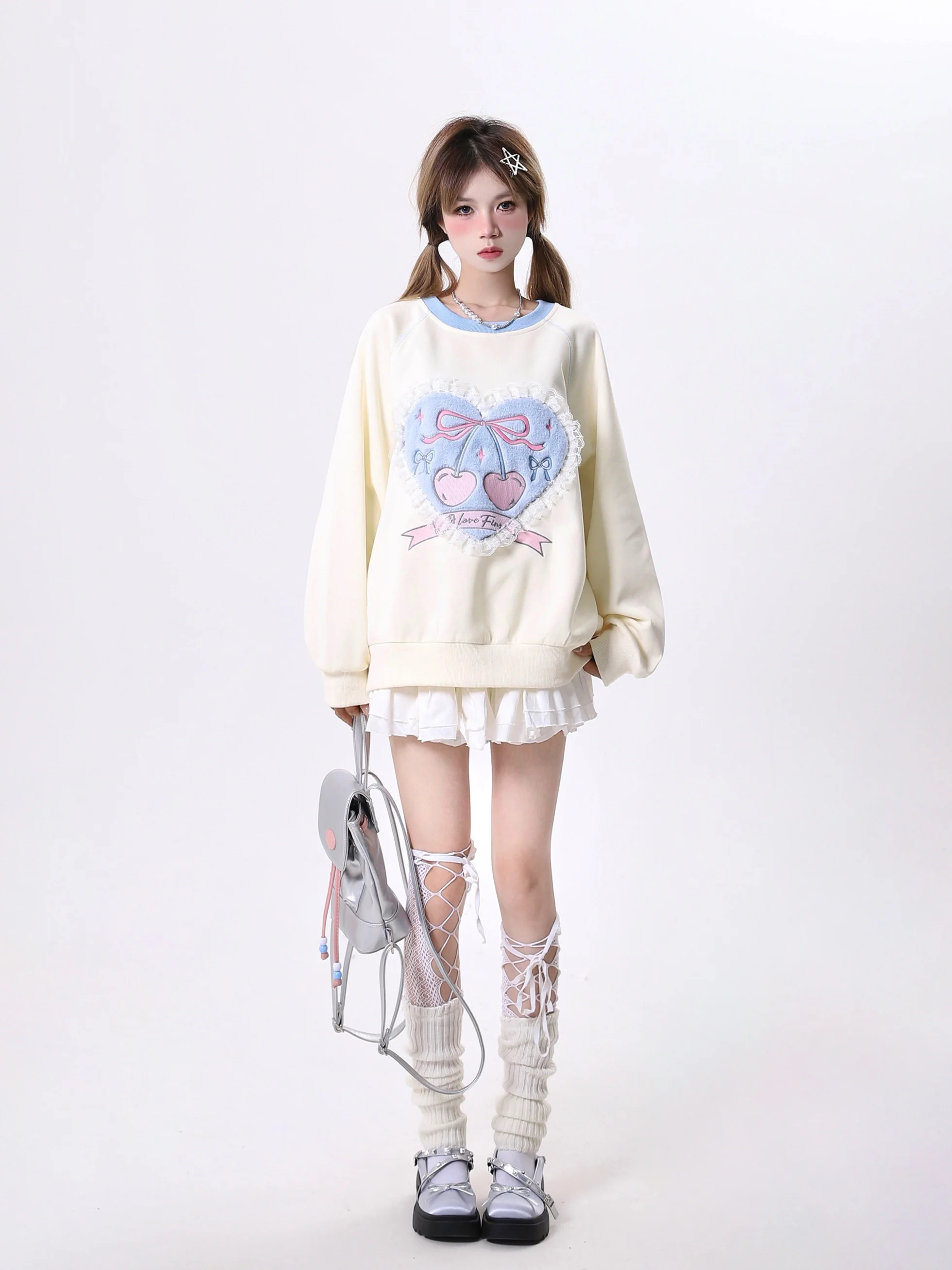 Thicken Fleece Winter Velvet Tops Lolita Style Girls Cute Love Lace Cherry Embroidery Sweatshirt Loose Baggy Pullover Japanese