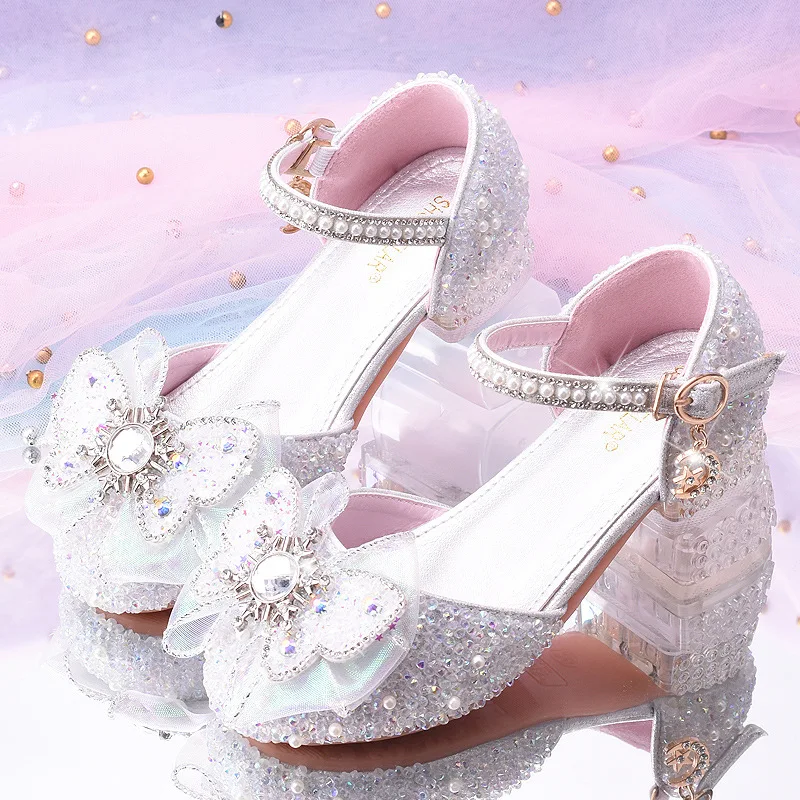 

Girl's Crystal Princess Shoes 2025 Summer White Children's High Heels Performance Wedding Flower Girl Leather Shoes Kid's Sandal