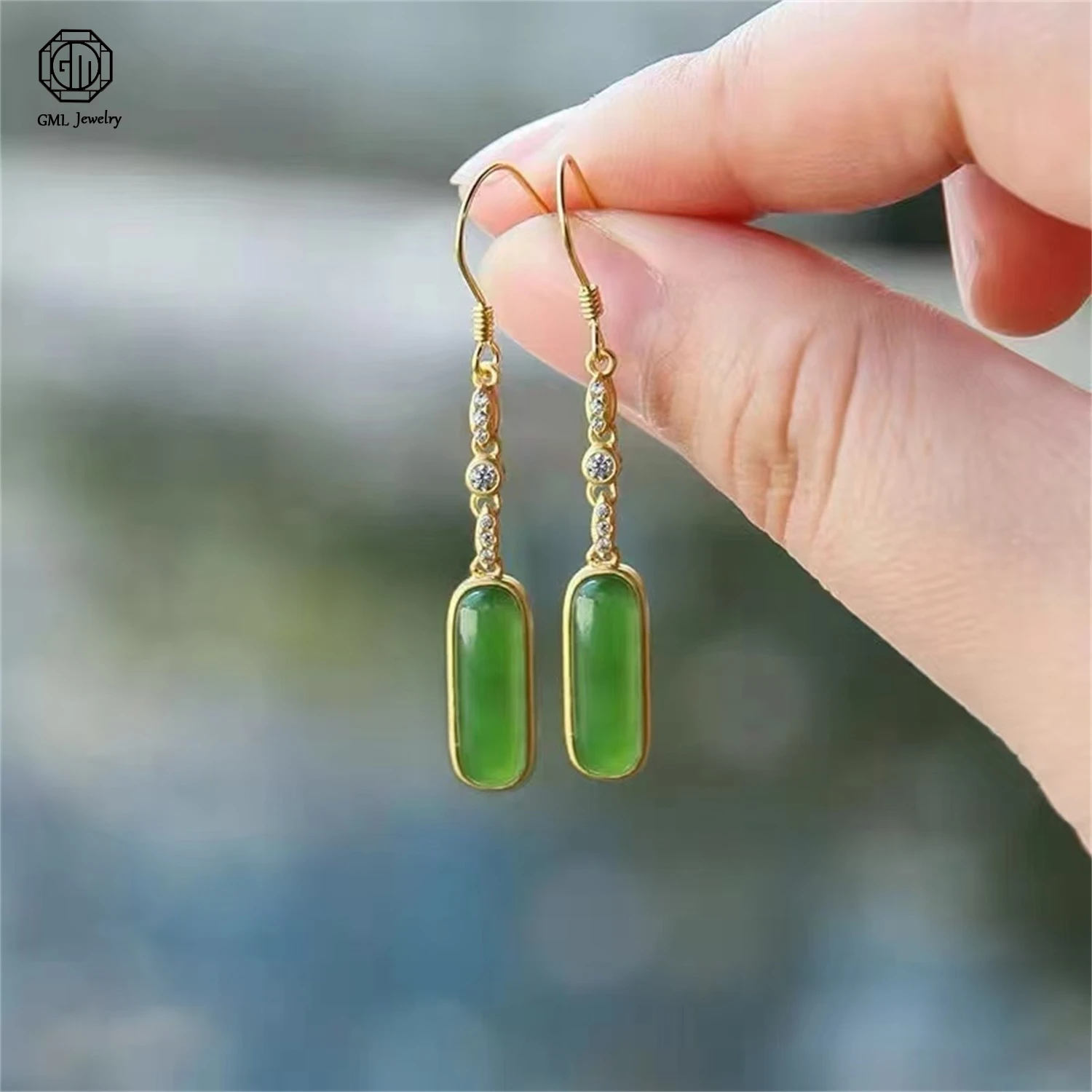 Natural Hetian Green Jade Long Bar Earrings 925 Sterling Silver Vintage Elegant Women Sheep Fat White Jade Earrings Jewelry Gift